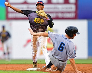 NILES, OHIO - JULY 14, 2018: Mahoning Valley Scrappers' Richard Palacios gets out Hudson Valley Renegades' Allen Smoot in the fourth inning of a baseball game, Saturday, July 14, 2018, in Niles. Garrett Giovannelli would be out at first base. Renegades won 1-0. DAVID DERMER | THE VINDICATOR