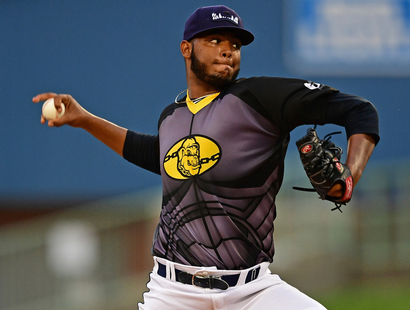 NILES, OHIO - JULY 14, 2018: Mahoning Valley Scrappers starting pitcher Luis Oviedo delivers in the fifth inning of a baseball game, Saturday, July 14, 2018, in Niles. Renegades won 1-0. DAVID DERMER | THE VINDICATOR
