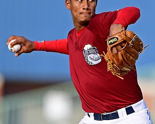 NILES, OHIO - JULY 15, 2018: Mahoning Valley Scrappers relief pitcher Luis Santos delivers in the seventh inning of a baseball game against raw Hudson Valley Renegades, Sunday, July 15, 2018, in Niles. The Scrappers won 8-6. DAVID DERMER | THE VINDICATOR