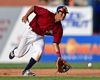 NILES, OHIO - JULY 15, 2018: Mahoning Valley Scrappers' Tyler Freeman fields a ball hit by Hudson Valley Renegades' Justin Bridgman in the eighth inning of a baseball game against raw Hudson Valley Renegades, Sunday, July 15, 2018, in Niles. The Scrappers won 8-6. DAVID DERMER | THE VINDICATOR