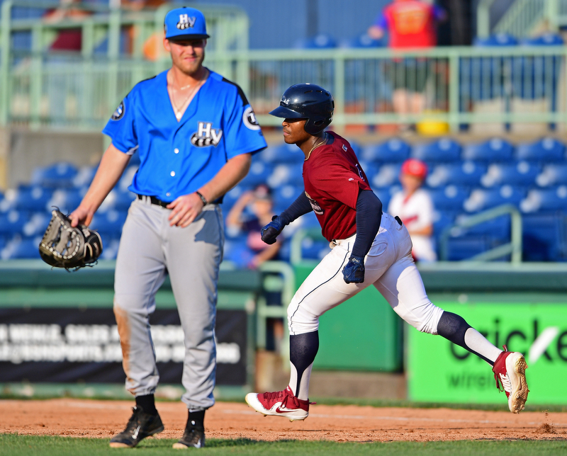 NILES, OHIO - JULY 15, 2018: Mahoning Valley Scrappers' Hosea Nelson runs the bases after hitting a walk-off home run off Hudson Valley Renegades relief pitcher Jesus Ortiz in the ninth inning, Sunday, July 15, 2018, in Niles. The Scrappers won 8-6. DAVID DERMER | THE VINDICATOR