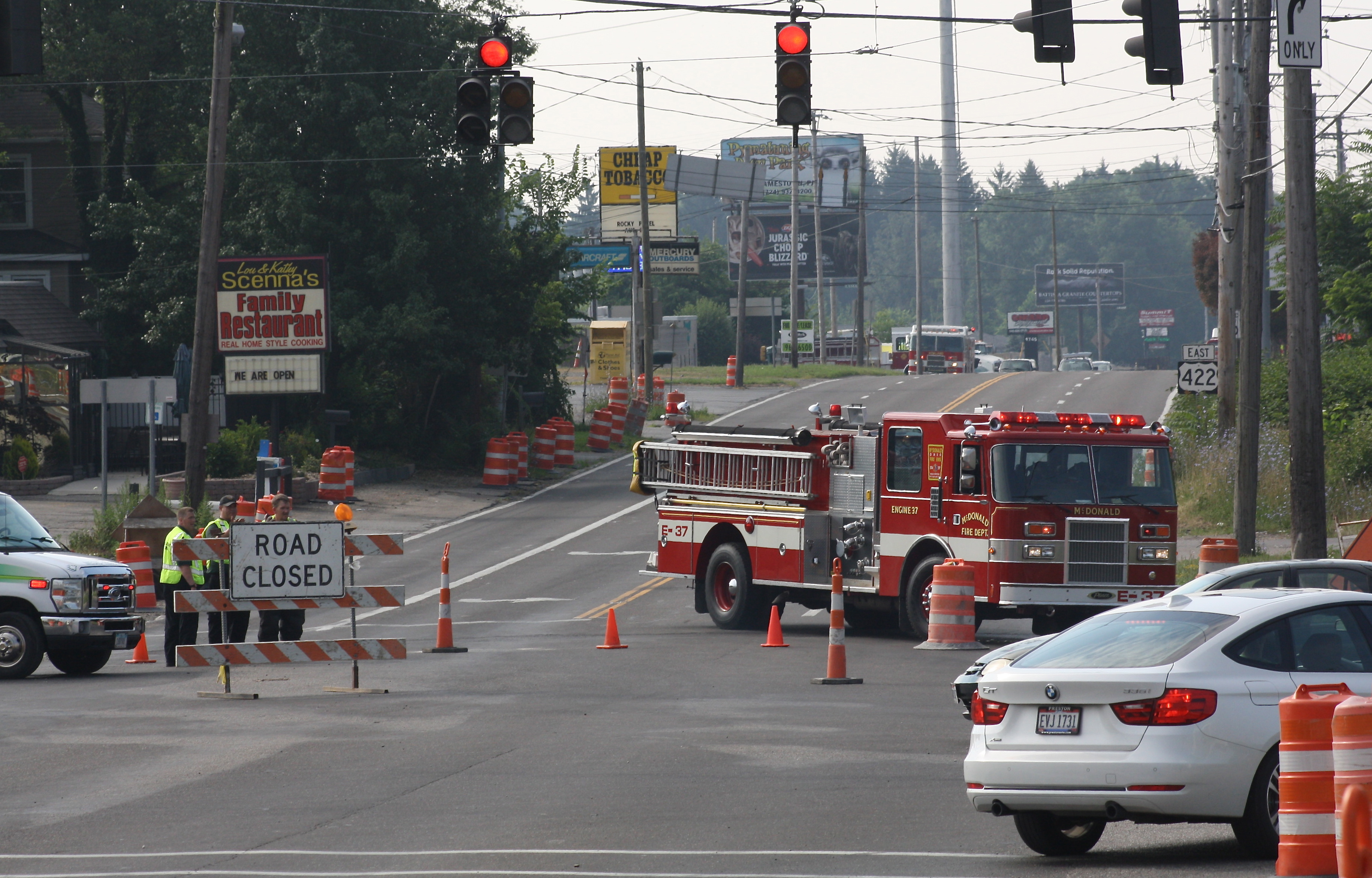 Trucks and signs indicate that no one is able to enter the part  of U.S. Route 422 (north State Street) in Girard near Predator Trucking after an evacuation of the area for an apparent hazardous chemical leak this morning. The road block is at the intersection of U.S. Route 422 and Tibbetts Wick Road. 