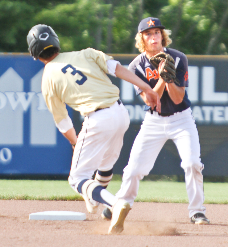 WilliamD. Lewis The Vindicator  Baird's Ethan Shaw(3) is out at 2nd as Astro's SS Vince Armeni(13) prepares to throw to 1rst for a double play during 7-17-18 game  at Cene.