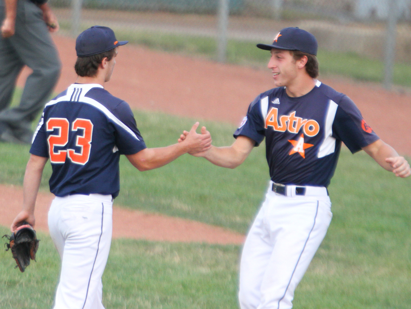 WilliamD. Lewis The Vindicator  Astros pitcher Chase Franken gets congrats from catcher Connor Miller(27) after beating Baird 7-17-18  at Cene.