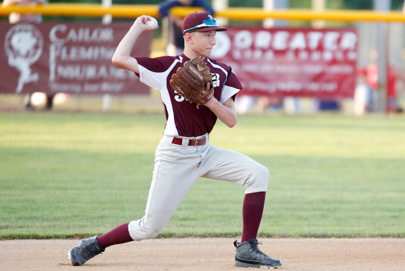 Boardman’s Jack Ericson throws to first during the Little League 12-U district championship game against Poland last Thursday. Ericson and his teammates will next play in the state tournament this weekend.