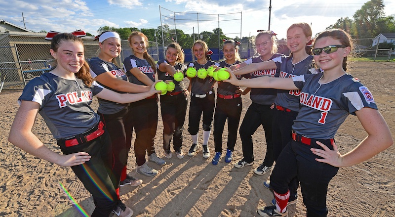Members of the Poland-Canfield softball team are, from left, Emma Wolfe, Alaina Francis, Alaina Scavina, Mia Opalick, Layni Bednar, Meredith Trevis, Bridgette Kelly, Emily Denney and Paige Ogden. McKenna Dinard is not pictured.