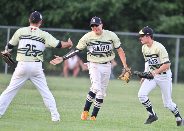William D. Lewis The Vindicator  Baird's Matt Gibson(25) gets congrats from Jacob McCaskey(21) and Connor Rakow(27) after catching a fly ball to end the 2nd inning  during 7-19-18 game with Troy at Cene.