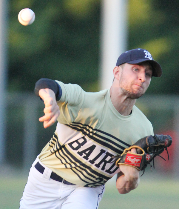 William D. Lewis The Vindicaotr  Baird pitcher Garrett Miller (23) delivers during 7-19-18 game with Troy at Cene.