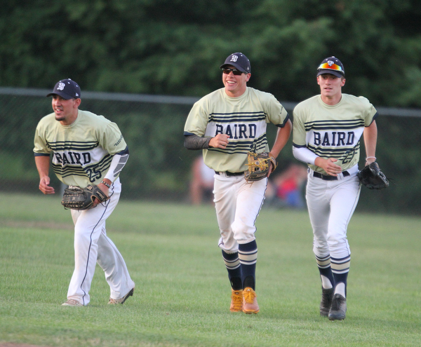William D. Lewis The Vindicator  Baird's Matt Gibson(25) gets congrats from Jacob McCaskey(21) and Connor Rakow(27) after catching a fly ball to end the 2nd inning  during 7-19-18 game with Troy at Cene.