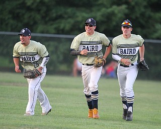 William D. Lewis The Vindicator  Baird's Matt Gibson(25) gets congrats from Jacob McCaskey(21) and Connor Rakow(27) after catching a fly ball to end the 2nd inning  during 7-19-18 game with Troy at Cene.