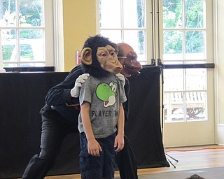 Neighbors | Jessica Harker.Reed Steele and a volunteer, both sporting monkey masks, did a "monkey see, monkey do," skit on July 10 at the Poland library.