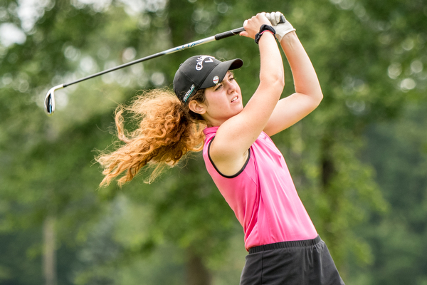 DIANNA OATRIDGE | THE VINDICATOR Eileen McHale, from Canfield, watches her Par 3 tee shot during final round of the Greatest Golfer junior tournament at Avalon Lakes in Howland on Saturday.