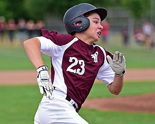 NORTH CANTON, OHIO - JULY 22, 2018: Boardman's Ryan Conti runs home to score a run in the fourth inning of a Little League baseball game, Sunday night in North Canton. DAVID DERMER | THE VINDICATOR