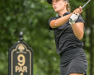 DIANNA OATRIDGE | THE VINDICATOR Gianna Myers, from Poland, reacts after teeing off on Hole No. 9 during the final round of the Greatest Golfer junior tournament at Avalon Lakes in Howland on Saturday.