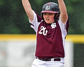 NORTH CANTON, OHIO - JULY 22, 2018: Boardman's Ryan Conti celebrates after RBI-double in the sixth inning of a Little League baseball game, Sunday night in North Canton. DAVID DERMER | THE VINDICATOR