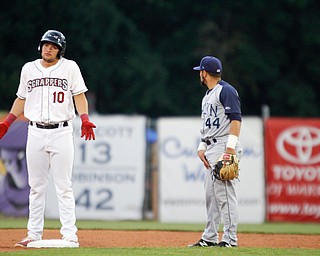 Henry Pujols reacts after getting on second during Tuesday night's game against the Cyclones.