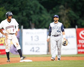 Scrappers' Jose Fermin smiles after getting to second during Tuesday night's game against the Cyclones.