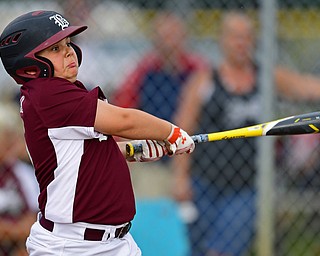 NORTH CANTON, OHIO - JULY 24, 2018: Boardman's Tyler Kirlik hits a two-RBI double in the first inning of a Little League baseball game, Tuesday night in North Canton. DAVID DERMER | THE VINDICATOR
