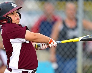 Boardman’s Tyler Kirlik hits a two-run double in the first inning against Ironton on Tuesday in a Little League 12-U state tournament game in North Canton. Boardman won, 18-0, to advance to the winners’ bracket final at 6 p.m. Thursday.