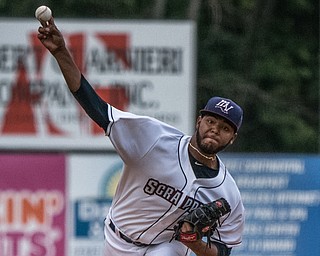 DIANNA OATRIDGE | THE VINDICATOR Mahoning Valley Scrappers' Luis Oviedo releases a pitch in the first inning of play against  the Brooklyn Cyclones on Thursday at Eastwood Field in Niles.