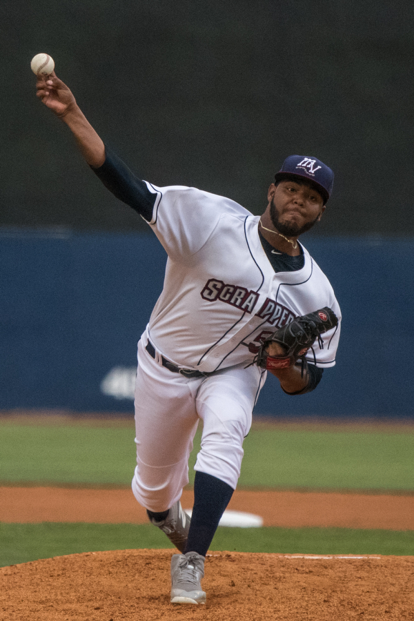 DIANNA OATRIDGE | THE VINDICATOR Mahoning Valley Scrappers pitcher Luis Oviedo fires a pitch during the first inning of their game versus the Brooklyn Cyclones at Eastwood Field on Thursday.
