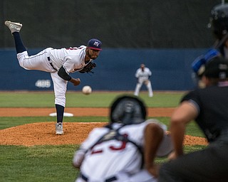 DIANNA OATRIDGE | THE VINDICATOR Mahoning Valley Scrappers pitcher Luis Oviedo delivers a pitch to a Brooklyn Cyclones batter as the Scrappers' Angel Lopez prepares to catch during their game at Eastwood Field on Thursday.