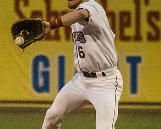 DIANNA OATRIDGE | THE VINDICATOR Mahoning Valley Scrappers' first baseman Mitch Reeves fields a chopper during their game versus the Brooklyn Cyclones on Thursday at Eastwood Field in Niles.