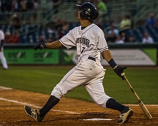 DIANNA OATRIDGE | THE VINDICATOR Mahoning Valley Scrappers' Tyler Freeman follows through on his swing during their game versus the Brooklyn Cyclones on Thursday at Eastwood Field in Niles.