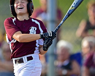 NORTH CANTON, OHIO - JULY 26, 2018: Boardman's Caleb Satterfield reacts after swinging during a at bat in the fifth inning of a Little League baseball game, Thursday night in North Canton. He would later single in the at bat. New Albany won 3-1. DAVID DERMER | THE VINDICATOR