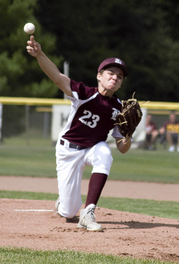 Boardman All-Stars starter Dylan Barrett fires a pitch against New Albany in the Little League state championship game at North Canton Recreational Complex on Saturday afternoon.