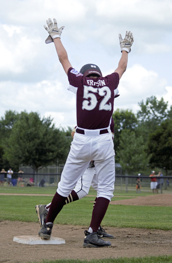 Jack Ericson of the Boardman All-Stars celebrates a triple against New Albany in the Little League state championship game at North Canton Recreational Complex on Saturday afternoon.
 