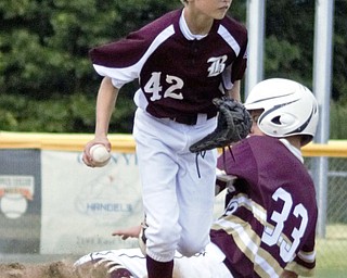 Matt Kay of the Boardman All-Stars forces New Albany’s Charlie Oakleaf out at second base in the Little League state championship game at North Canton Recreational Complex on Saturday afternoon.