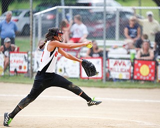 Canfield's Kyleigh Golden pitches during the 10U softball state championship game against Tallmadge at Indian Hills Field on Thursday. Canfield won 5-2. EMILY MATTHEWS | THE VINDICATOR