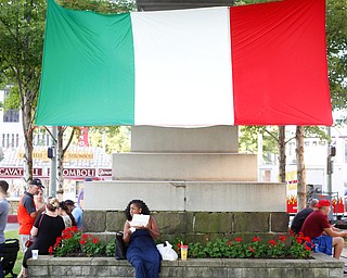 Chirrell Brown, of Cleveland, eat chicken alfredo under an Italian flag at the Greater Youngstown Italian Fest on Friday. EMILY MATTHEWS | THE VINDICATOR