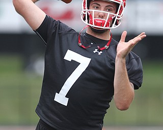 Youngstown State quarterback Nathan Mays (7) throws passes during practice at Stambaugh Stadium on Friday morning.  Dustin Livesay  |  The Vindicator  8/3/18  YSU