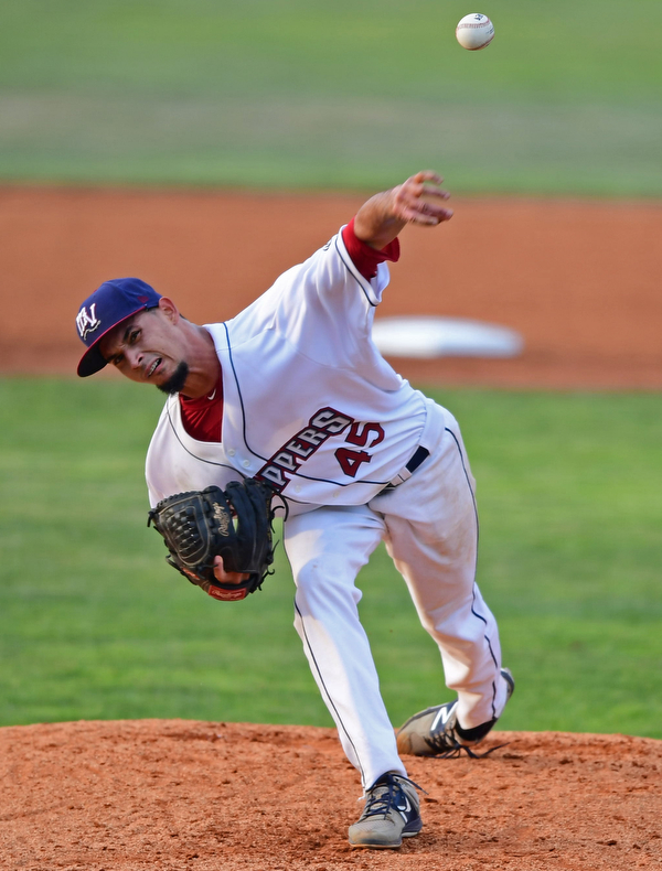 NILES, OHIO - AUGUST 6, 2018: Mahoning Valley Scrappers starting pitcher Yefferson Yannuzzi delivers in the first inning of a baseball game against the State College Spikes, Monday night at Eastwood Field in Niles. DAVID DERMER | THE VINDICATOR