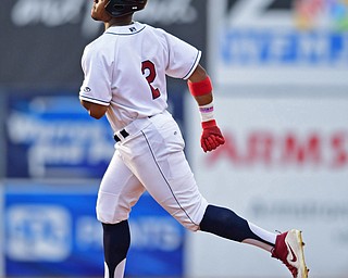 NILES, OHIO - AUGUST 6, 2018: Mahoning Valley Scrappers' Hosea Nelson runs the bases after hitting a solo home run off State College Spikes starting pitcher Franyel Casadilla in the second inning of a baseball game, Monday night at Eastwood Field in Niles. DAVID DERMER | THE VINDICATOR