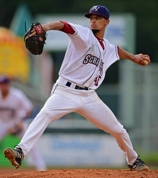 NILES, OHIO - AUGUST 6, 2018: Mahoning Valley Scrappers starting pitcher Yefferson Yannuzzi delivers in the third inning of a baseball game, Monday night at Eastwood Field in Niles. DAVID DERMER | THE VINDICATOR