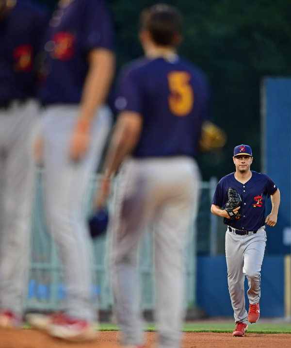 NILES, OHIO - AUGUST 6, 2018: State College Spikes relief pitcher Eli Krause enters the game in the fifth inning of a baseball game against the Mahoning Valley Scrappers, Monday night at Eastwood Field in Niles. Krause is a former pitcher at Kent State. DAVID DERMER | THE VINDICATOR