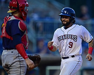 NILES, OHIO - AUGUST 6, 2018: Mahoning Valley Scrappers' Jason Rodriguez scores a run on a sacrifice fly by Tre Gantt in the fifth inning of a baseball game against the Mahoning Valley Scrappers, Monday night at Eastwood Field in Niles. Krause is a former pitcher at Kent State. DAVID DERMER | THE VINDICATOR