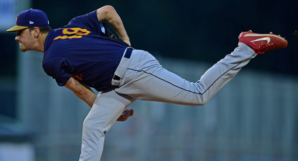 NILES, OHIO - AUGUST 6, 2018: State College Spikes relief pitcher Eli Krause delivers in the fifth inning of a baseball game against the Mahoning Valley Scrappers, Monday night at Eastwood Field in Niles. Krause is a former pitcher at Kent State. DAVID DERMER | THE VINDICATOR