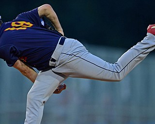 NILES, OHIO - AUGUST 6, 2018: State College Spikes relief pitcher Eli Krause delivers in the fifth inning of a baseball game against the Mahoning Valley Scrappers, Monday night at Eastwood Field in Niles. Krause is a former pitcher at Kent State. DAVID DERMER | THE VINDICATOR