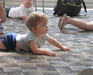 Neighbors | Jessica Harker.Aubrey Merrill, age 1, crawled on the ground during the Baby Brilliant event July 3 at the Austintown library.