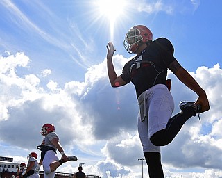 AUSTINTOWN, OHIO - AUGUST 11, 2018: Youngstown State's Nathan Mays warms up before the start of the teams practice, Saturday morning at Austintown Fitch High School. DAVID DERMER | THE VINDICATOR