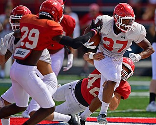 AUSTINTOWN, OHIO - AUGUST 11, 2018: Youngstown State's Tevin McCaster, white, runs the ball while being tackled by Armand Dellovade, red, during the teams practice, Saturday morning at Austintown Fitch High School. DAVID DERMER | THE VINDICATOR