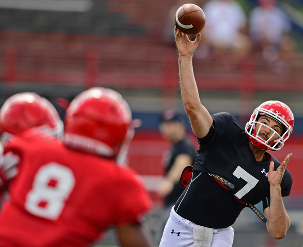 AUSTINTOWN, OHIO - AUGUST 11, 2018: Youngstown State's Nathan Mays throws a pass during the teams practice, Saturday morning at Austintown Fitch High School. DAVID DERMER | THE VINDICATOR