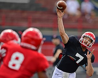 AUSTINTOWN, OHIO - AUGUST 11, 2018: Youngstown State's Nathan Mays throws a pass during the teams practice, Saturday morning at Austintown Fitch High School. DAVID DERMER | THE VINDICATOR