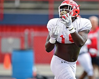 AUSTINTOWN, OHIO - AUGUST 11, 2018: Youngstown State's Charles Reeves Jr. catches a pass in stride during the teams practice, Saturday morning at Austintown Fitch High School. He would score on the play. DAVID DERMER | THE VINDICATOR