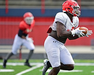 AUSTINTOWN, OHIO - AUGUST 11, 2018: Youngstown State's Charles Reeves Jr. runs into the end zone to score a touchdown during the teams practice, Saturday morning at Austintown Fitch High School. He would score on the play. DAVID DERMER | THE VINDICATOR