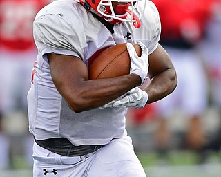 AUSTINTOWN, OHIO - AUGUST 11, 2018: Youngstown State's Christian Turner runs the ball during the teams practice, Saturday morning at Austintown Fitch High School. He would score on the play. DAVID DERMER | THE VINDICATOR